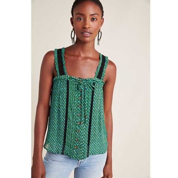 Anthropologie Women’s Green Navy Tank Ruffle Strap Printed size 2 Camisole Boho - Picture 1 of 16